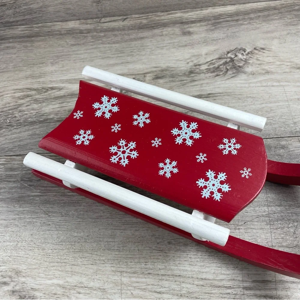 Christmas Wooden Sleigh Red White With Snowflakes Decor 1 Foot Long